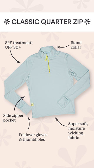 Middle Trail quarter zip with features including stand collar, side zipper pocket, foldover gloves, thumbholes, moisture wicking fabric