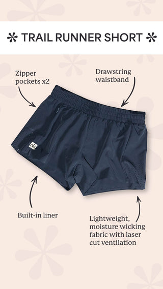 Middle Trail running shorts with features of zipper pockets, drawstring waistband, built in liner and laser cut ventilation