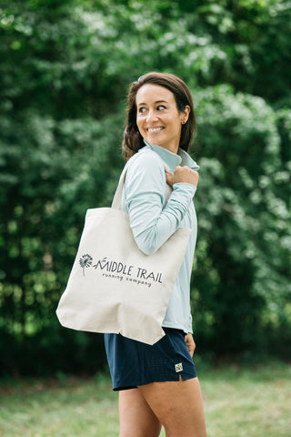 This classic canvas tote bag is designed to carry all your running essentials. Sized 15"W x 16"H x 3"D, this bag is a light canvas color. 