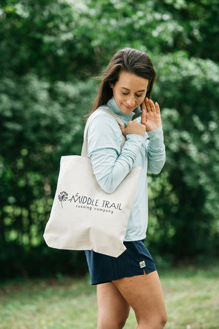 This classic canvas tote bag is designed to carry all your running essentials. Sized 15"W x 16"H x 3"D, this bag is a light canvas color. 