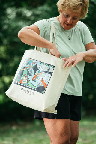 Designed by artist Joey Goergen, this canvas tote bag celebrates our love for running. Sized 20"W x 15"H x 5.5"D, this bag fits all our running essentials.