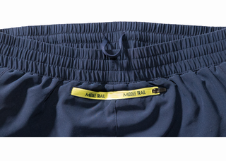 A close up of the blue women's running shorts which shows the adjustable waistband. 
